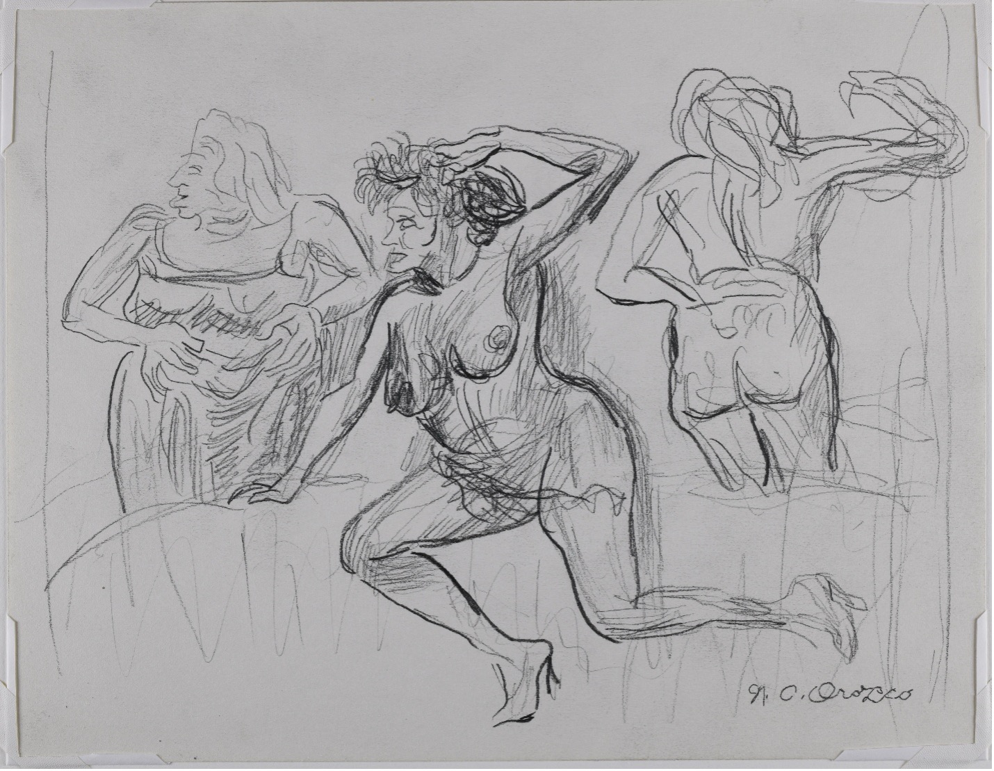 pencil drawing of three nude female forms on paper