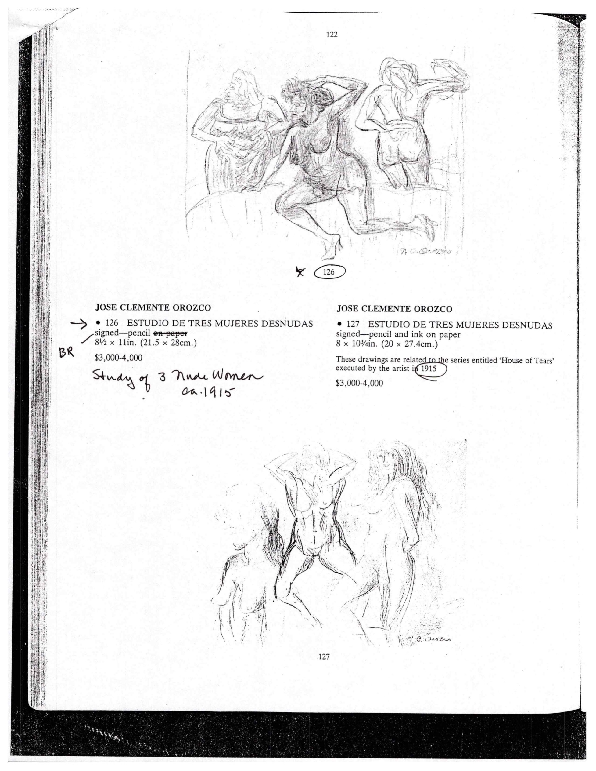 Black and white scanned auction catalogue showing two drawings of three female forms