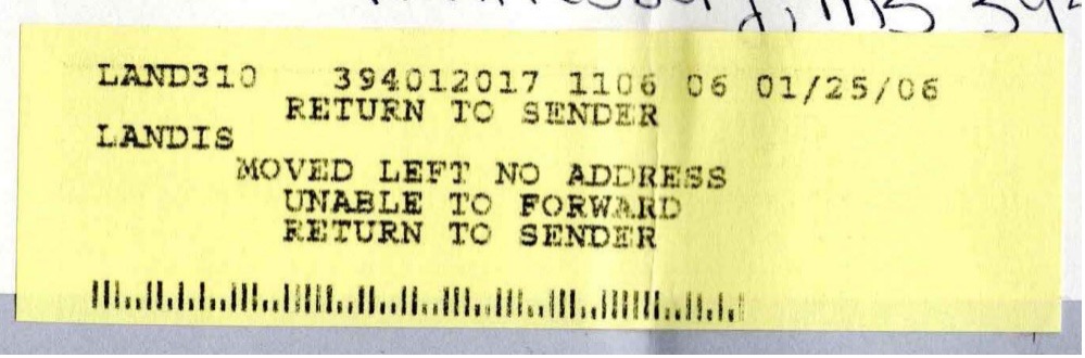 Yellow return to sender sticker from US Postal Service with text