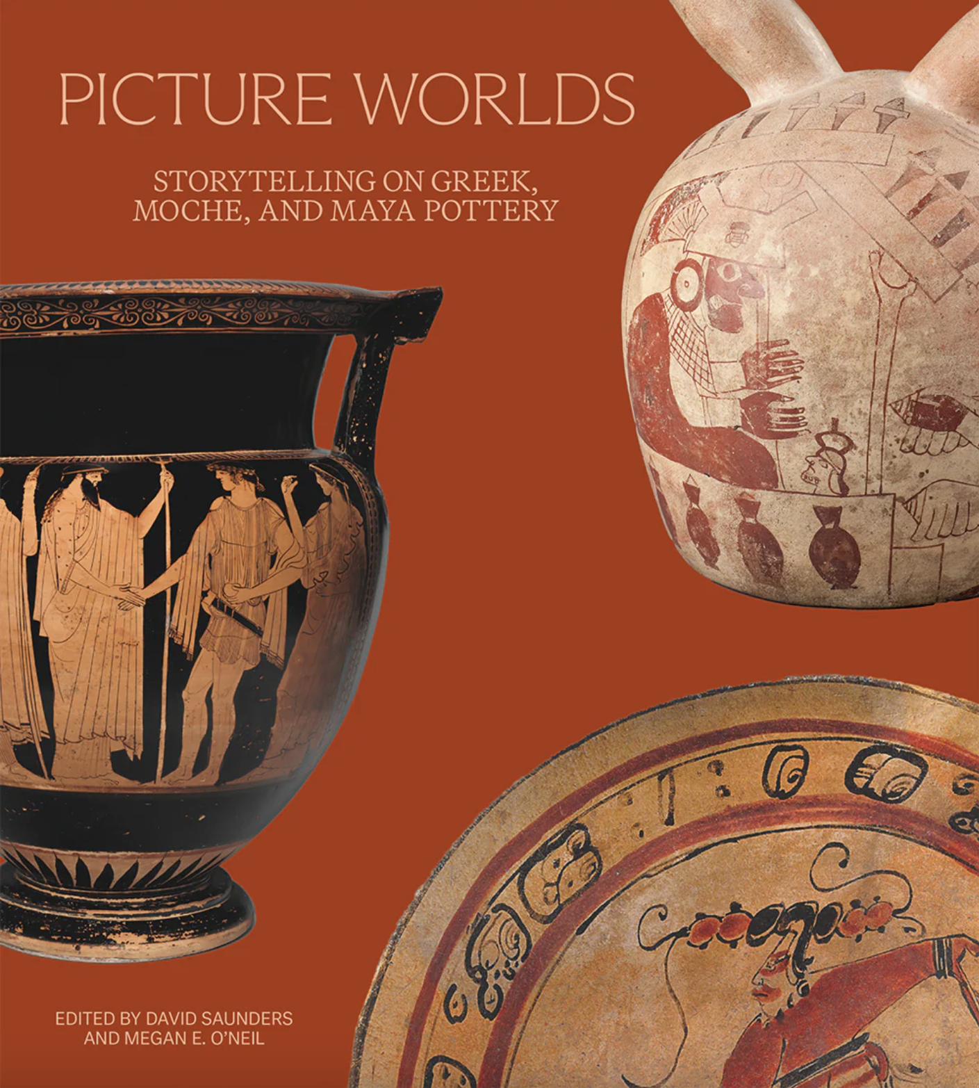 Picture Worlds catalogue cover featuring three details of ceramic objects on a red cover