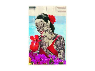 Digital collage image of a close up portrait of a woman. She is wearing a red bathing suit and holding a fancy, red, frozen drink with a red flower on top. The woman's body and facial features are masked by an archival black and white image of a group of men standing in a field. There is blue pool water in the background behind the woman.