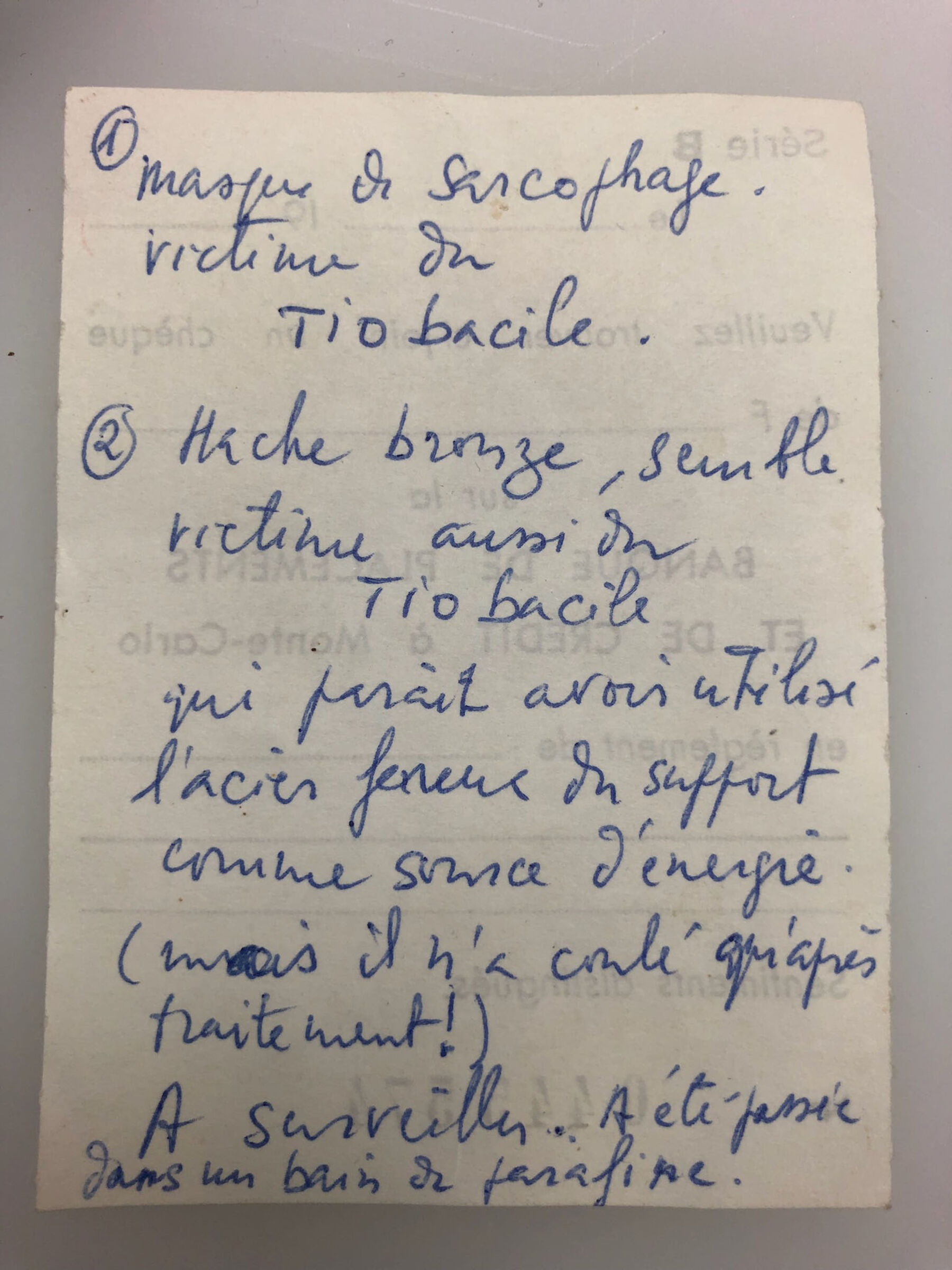 Handwritten note in French referencing corrosion and treatment of a bronze object in the Georges Ricard collection.