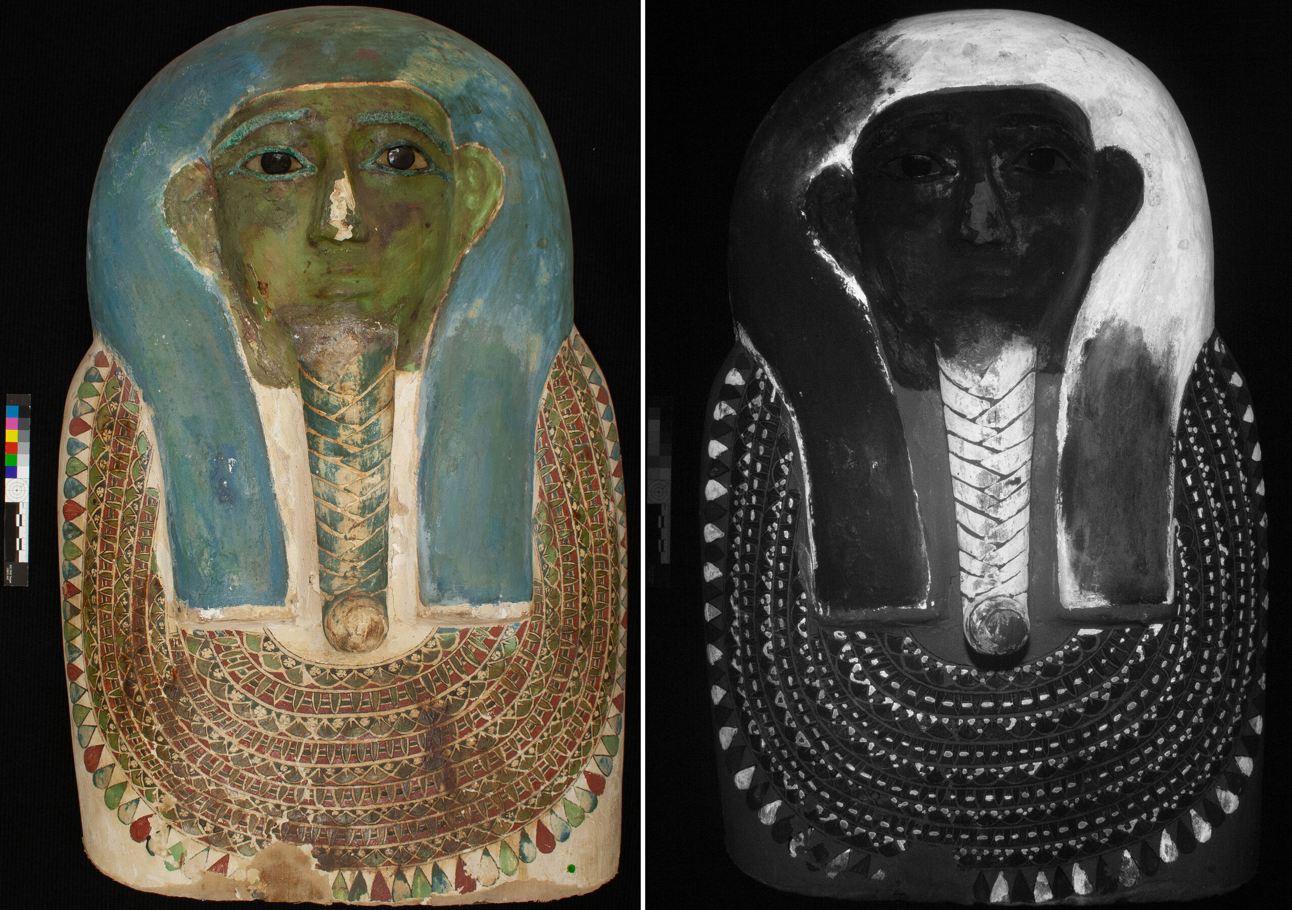 Paired normal light and VIL images of coffin lid fragment to indicate presence of ancient Egyptian blue pigment under modern restoration paint