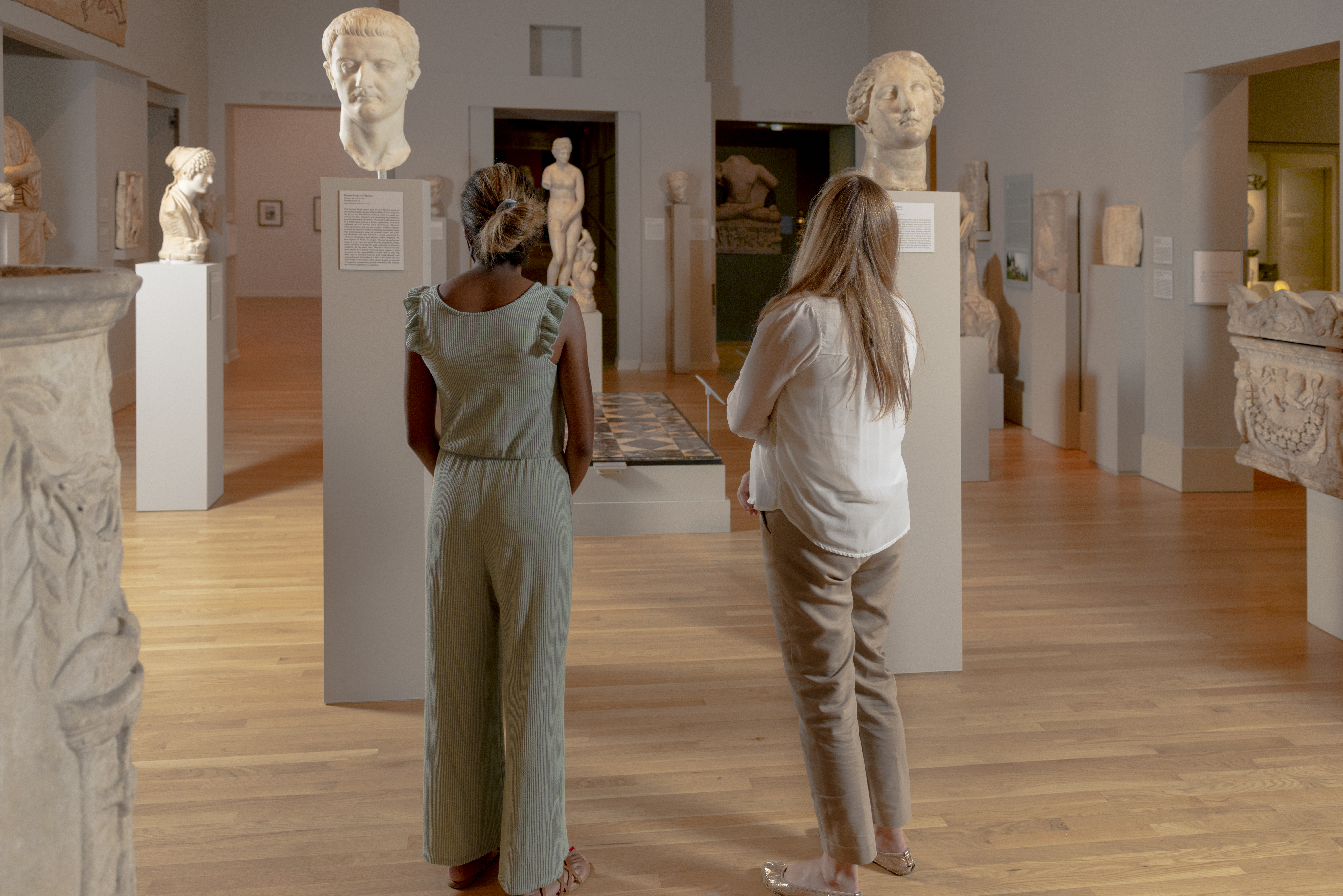people looking at marble busts