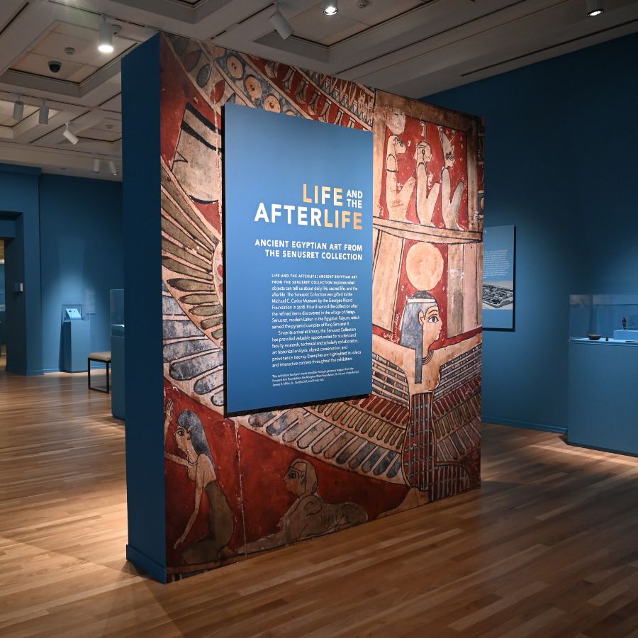 Installation view of the "Life and the Afterlife" exhibition title wall with graphic and blue sign with introductory text