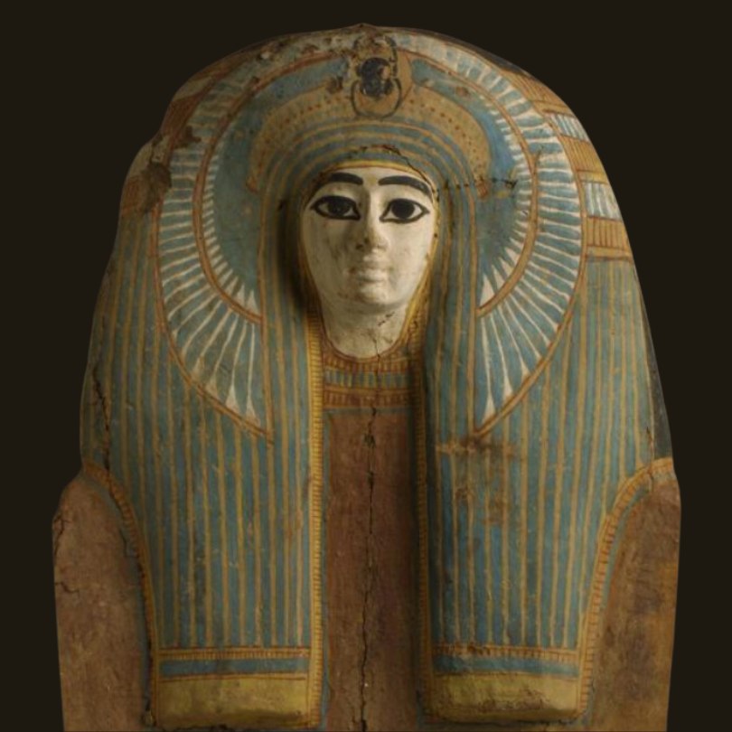 Ancient Egyptian Coffin Board of a Woman with painting face in gold, Egyptian blue and white