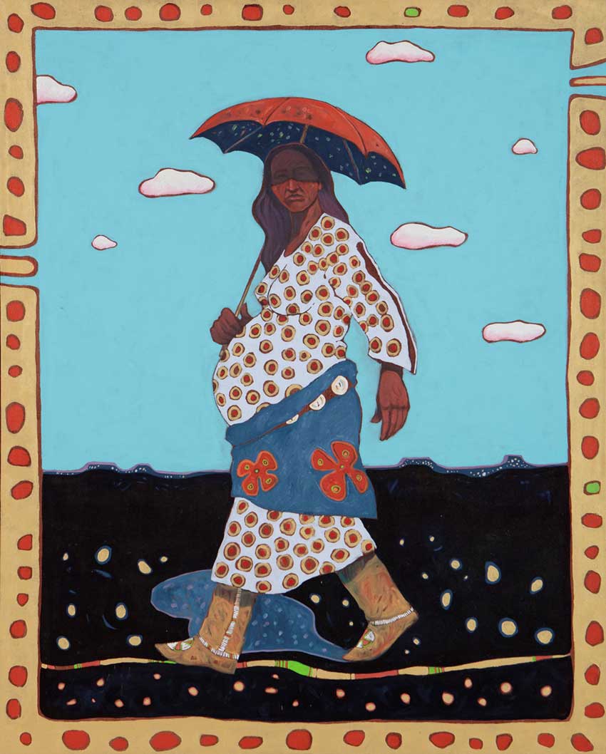 T.C. Cannon (American [Kiowa and Caddo], 1946 - 1978). Grandmother Gestating Father and the Washita River Runs Ribbon-Like. 1975. Oil and acrylic on canvas. Lent by Art Bridges. L2023.2.1