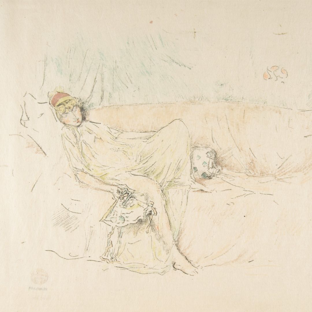 Recasting Antiquity catalogue cover image featuring a detail of James McNeill Whistler's "Draped Figure Reclining" showing a female figure lounging on a piece of furniture 