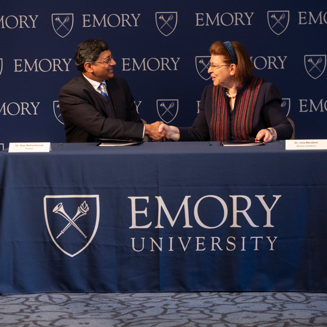 Ravi V. Bellamkonda, provost and executive vice president for academic affairs at Emory, Lina Mendoni, the Minister of Culture for the Hellenic Republic, shake hands after signing the cultural cooperation agreement.