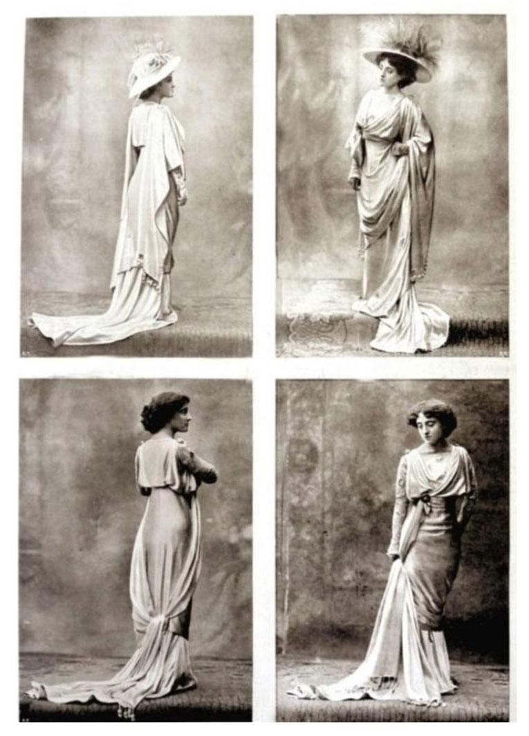 Four black and white photos showing different angles of Lyda Borelli wearing Genoni's Tanagra dress in 1910