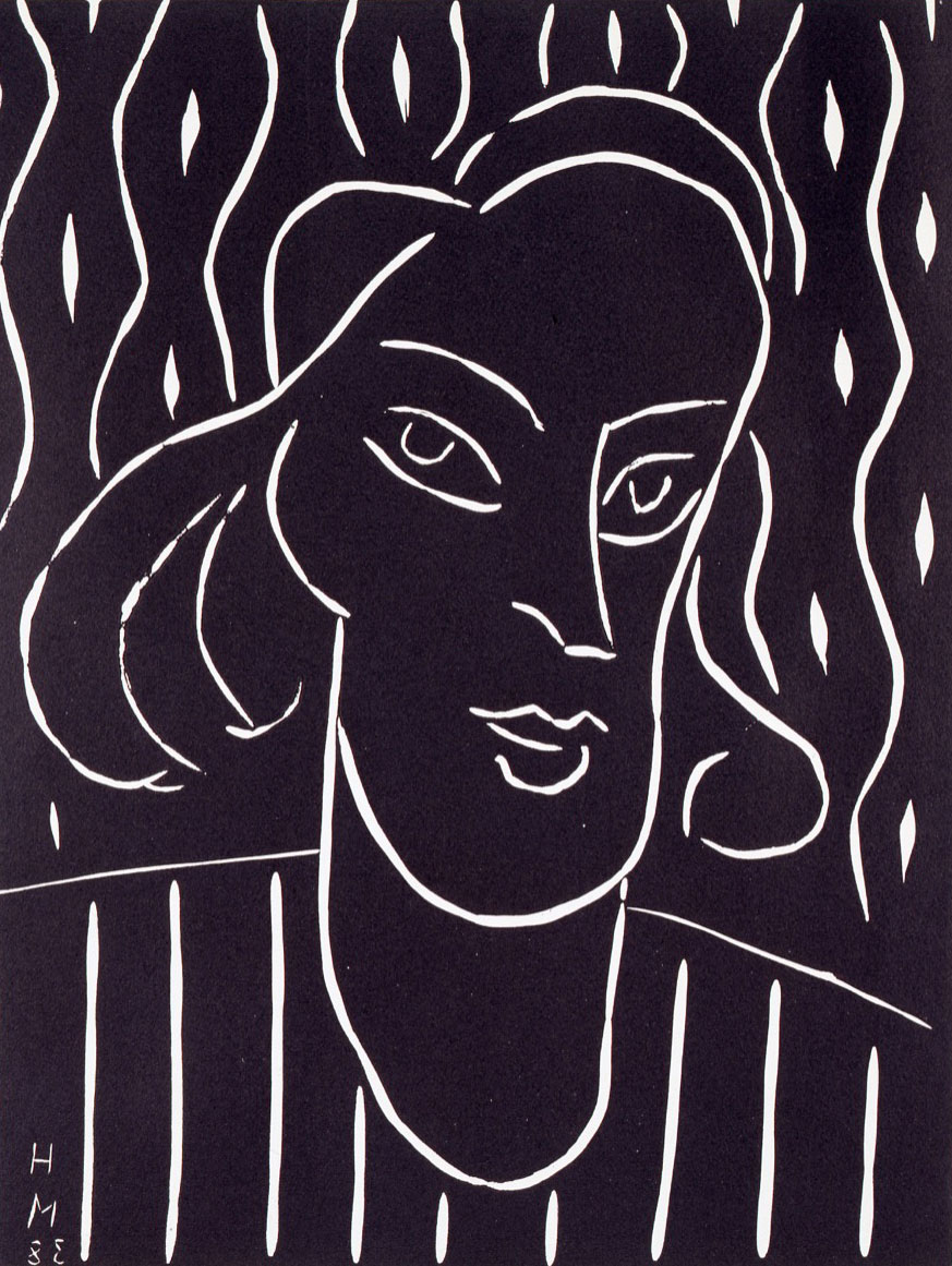 'Teeny' Linocut print showing a face with mid-lengthen hair wearing a striped shirt. the face is made up of white lines on a dark background