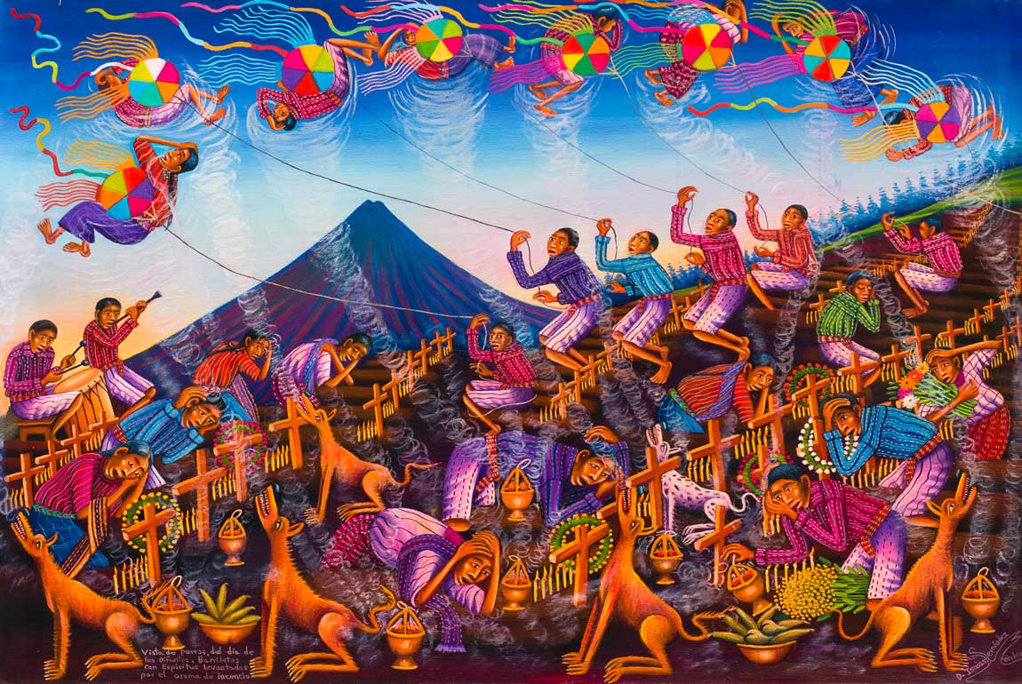 Diego Isaias Hernández Méndez   Vista de Perros del Día de los Difuntos. Barriletes con Espiritus Levantados por el Aroma del Incienso / What Dogs See on the Day of the Dead: Kites with Spirits of the Departed Awakened by the Aroma of Incense, 2012   Oil on canvas, 24” x 36”   Arte Maya Collection 