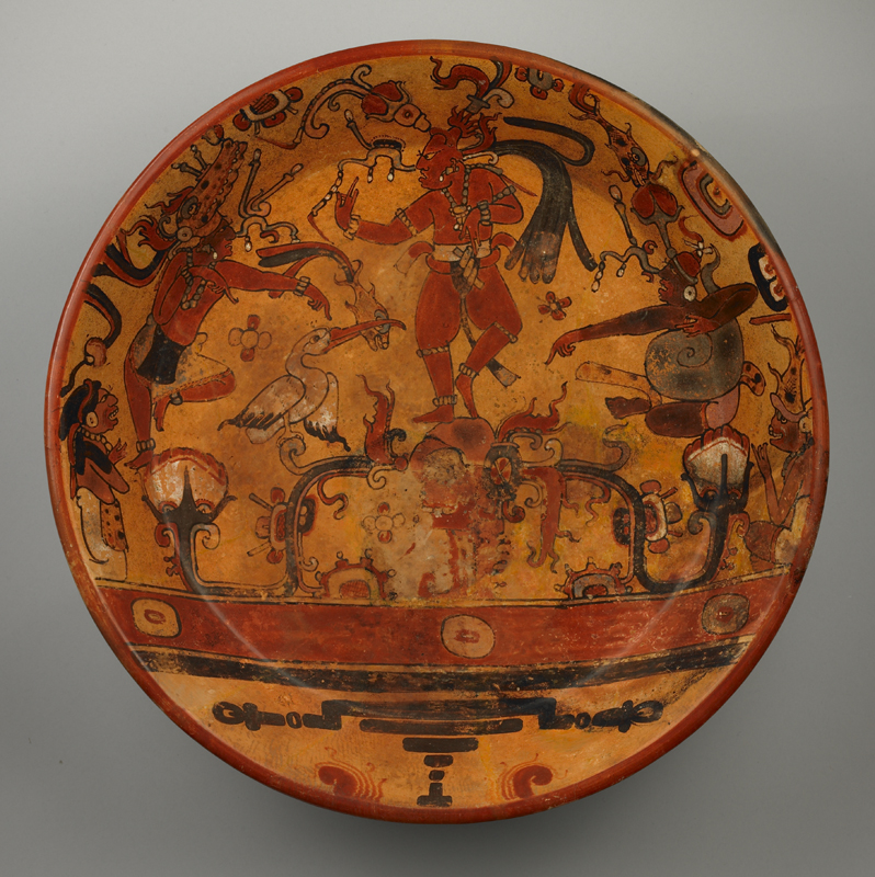 Plate with the Rebirth of the Maize God. Maya, probably made in Peten, Guatemala, 600–800 CE. Terracotta, H: 11.4 cm (41/2 in.); Diam: 37.5 cm (143/4 in.). Princeton University Art Museum, Museum purchase, Fowler McCormick, Class of 1921, Fund, 1997-465. Image courtesy of the Princeton University Art Museum    