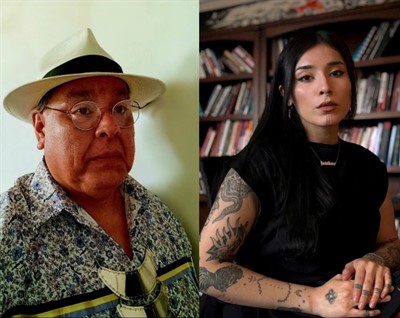 A split image featuring two individuals side by side. On the left, an older Indigenous man with glasses and a serious expression wears a cream-colored fedora with a black band, a patterned button-up shirt. The background is a plain light-colored wall. On the right, a younger Indigenous person with long, straight black hair and visible tattoos on their arms poses confidently with hands clasped. She wears a black top. Behind her is a bookshelf filled with books.