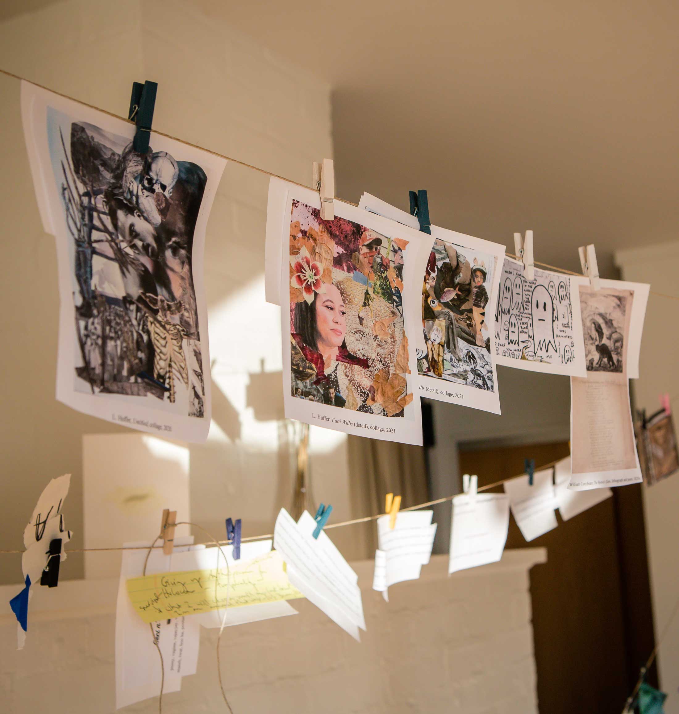 lines of images and text hanging on a line