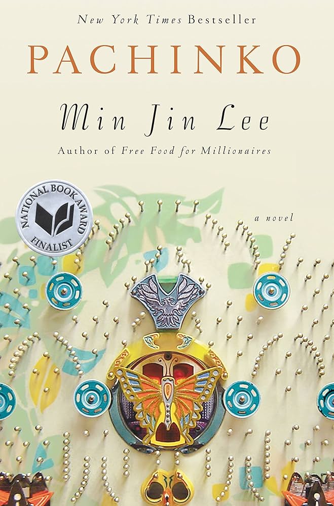 Pachinko book cover by Min Jin Lee with a cream background and colorful design and metal pieces