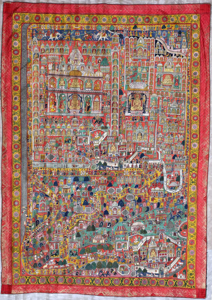 Large painted Jain Pilgrimage Painting (Tirtha Pata) Map of the Sacred Site Shatrunjaya