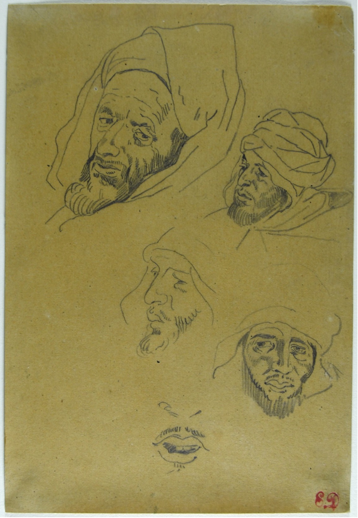 Eugène Delacroix graphite drawing on paper of a face study featuring four different views of a head and a detail of facial features