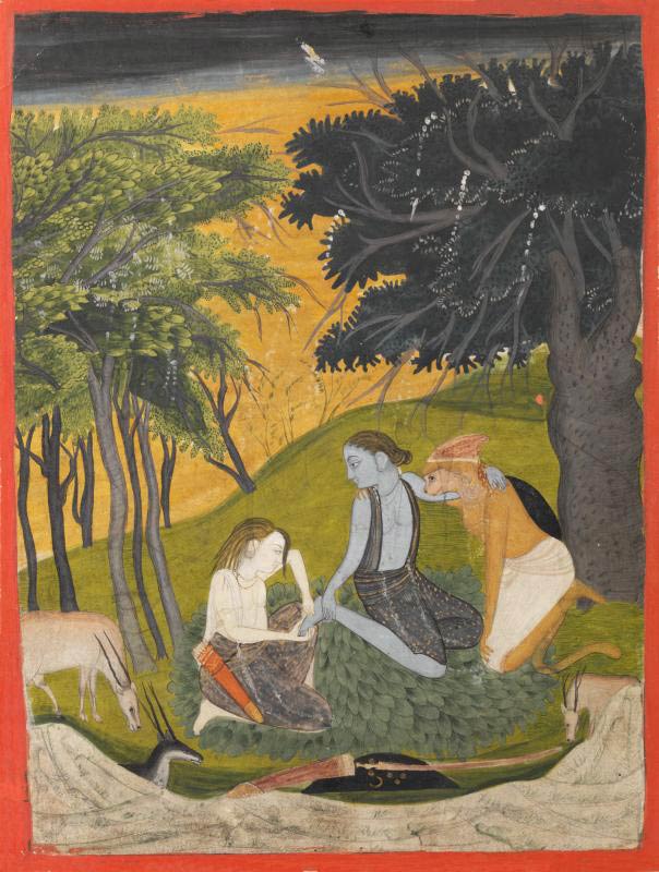 Rama, Lakshmana, and Hanuman Rest in the Forest