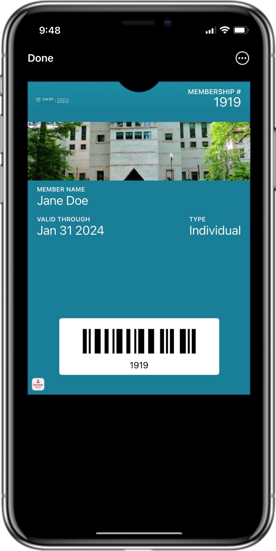 iPhone showing the new Carlos Museum digital membership card