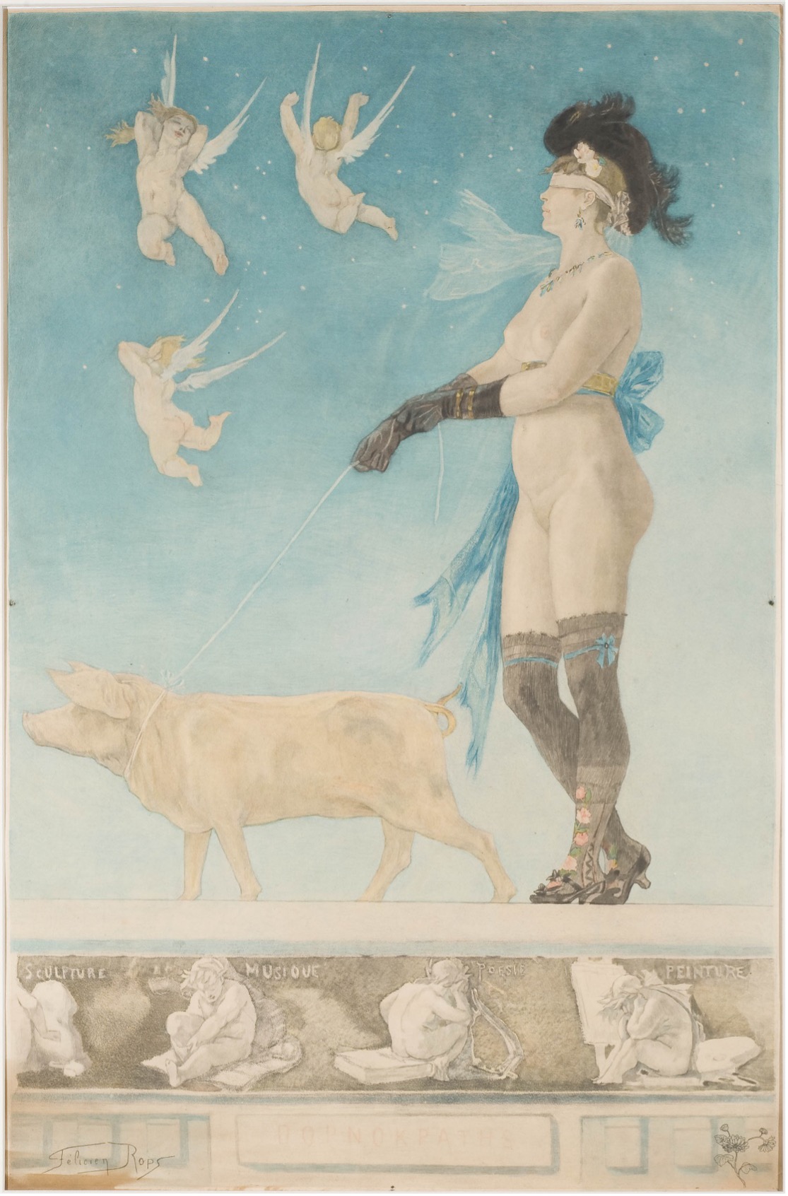 Félicien Rops's Etching and acquatint titled Pallas featuring a blue blackground, female form walking pig on leash and angels in the background