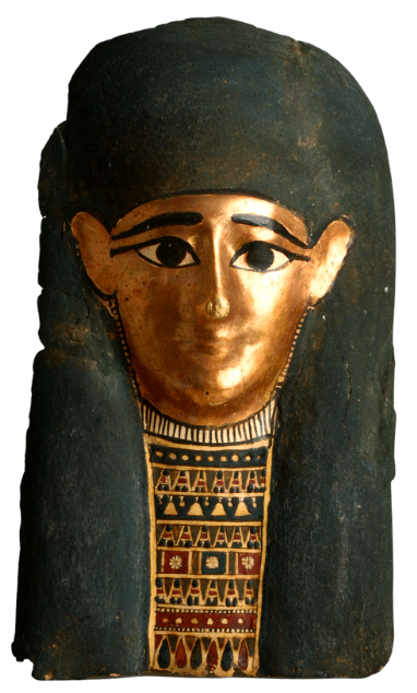 Gilded Mummy Mask. Egyptian. Late Ptolemaic, 197-30 BCE. Linen, gesso, pigment, gold. Gift of the Georges Ricard Foundation. 2018.010.673. Photo courtesy of the Georges Ricard Foundation and the California Institute of World Archaeology.