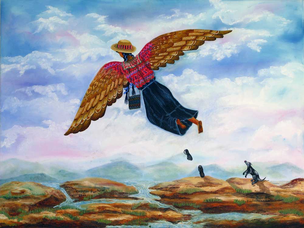 Paula Nicho Cúmez's painting "Crusando Fronteras" showing female figure with wings taking flight into sky