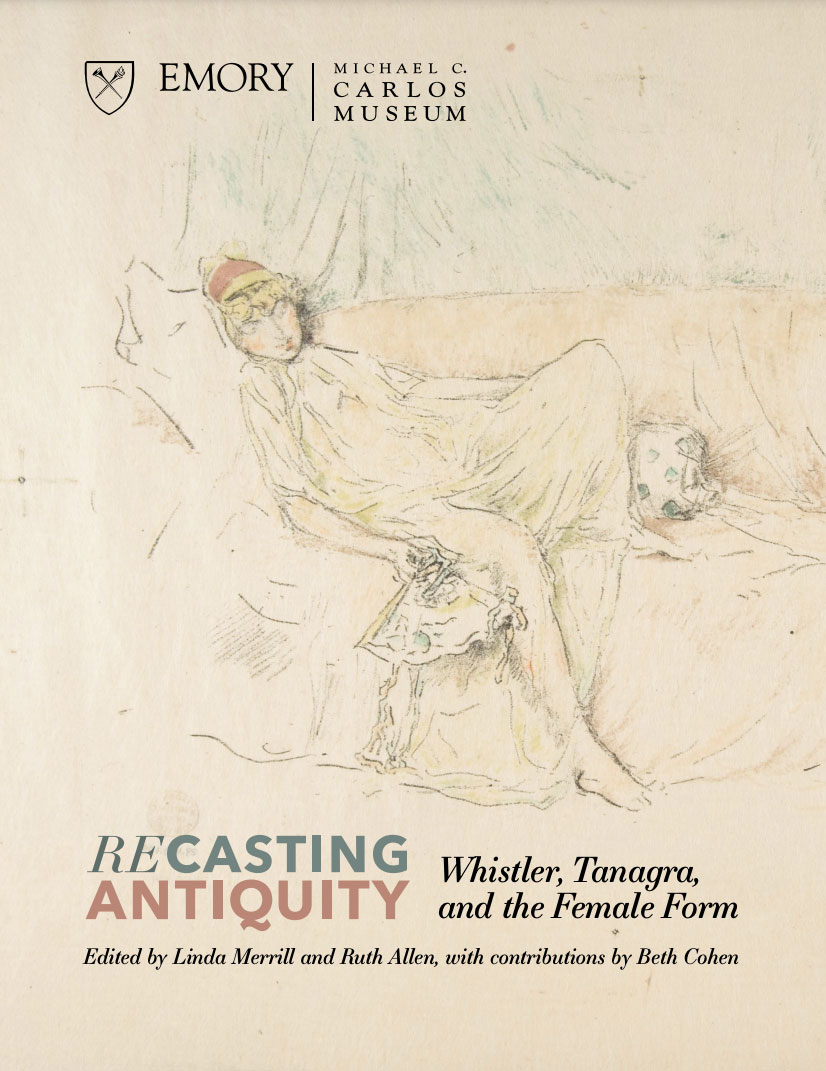 Digital exhibition catalogue cover for Recasting Antiquity featuring the title of the exhibition and a detail of a lithograph by James McNeill Whistler showing a female model reclining with a fan in her hand