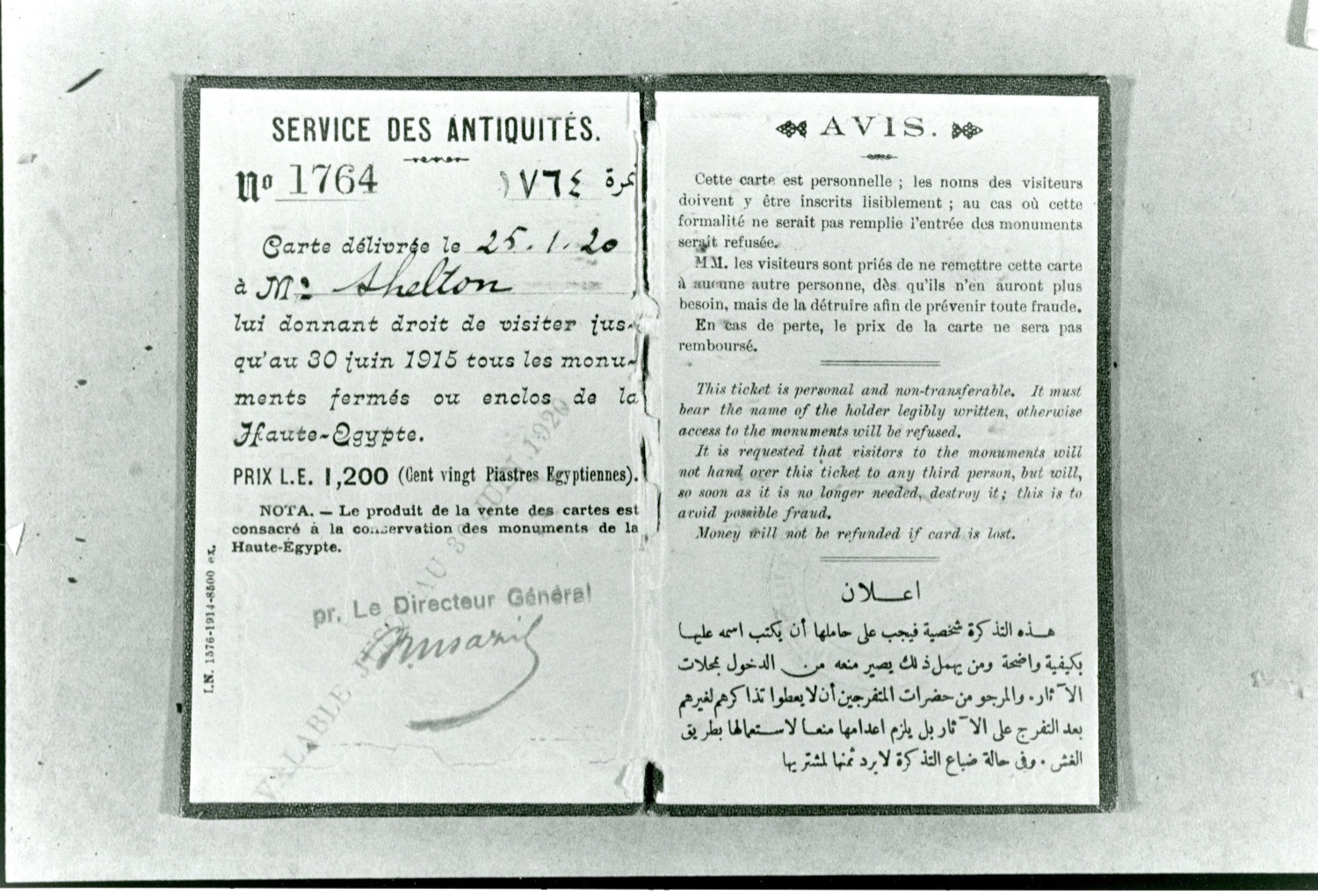 Shelton’s antiquities pass from 1920, issued by the Egyptian government
