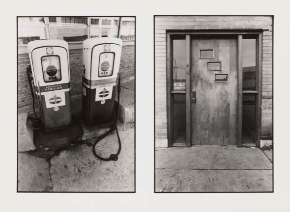 Two black and white photos next to one another, the one on the left has gas pumps and on the right is a detail of a door 