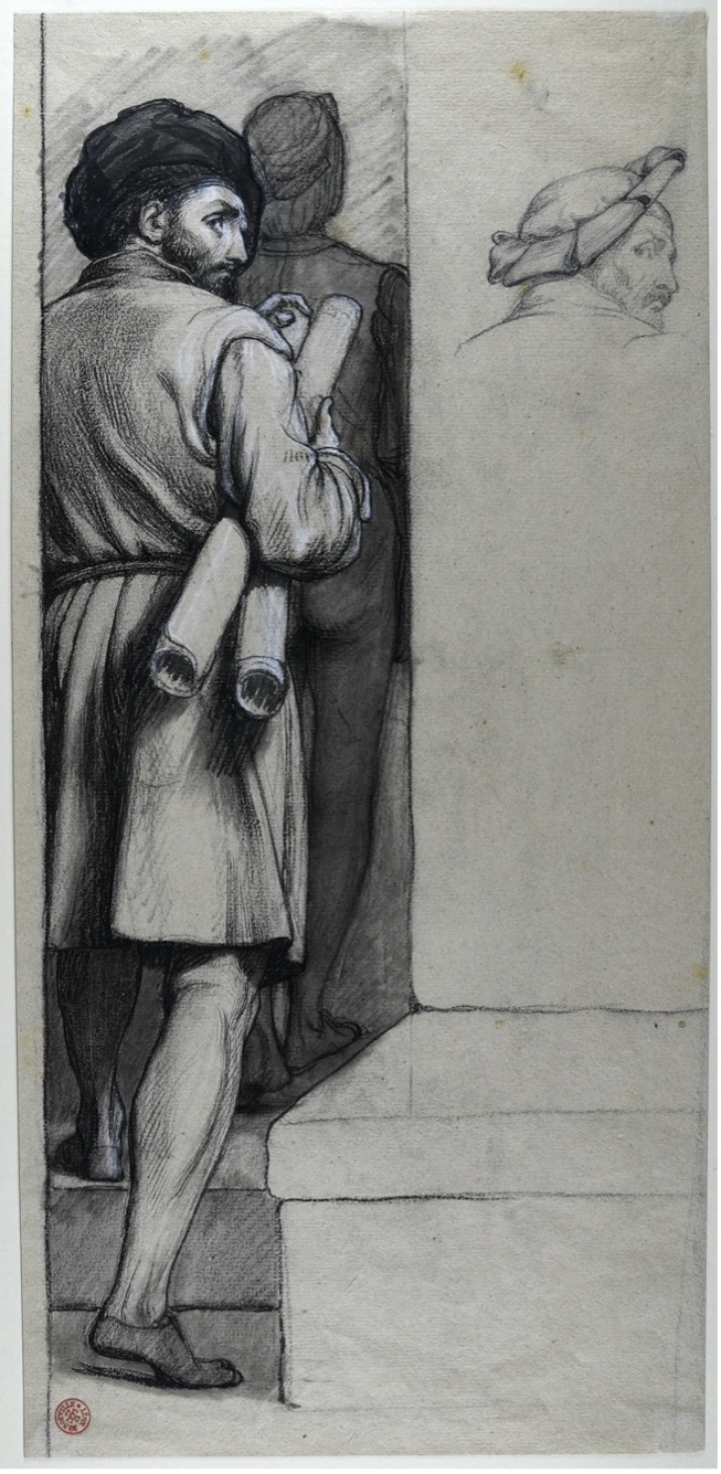 Léon Benouville (French, 1821-1859).  Two Men Ascending a Stair.  19th Century.  Brush and black ink, black and white chalk.  Art History Department Fund.  1981.7. Note red collector’s mark of Francois Leon Benouville (1821-1859) in lower left corner.