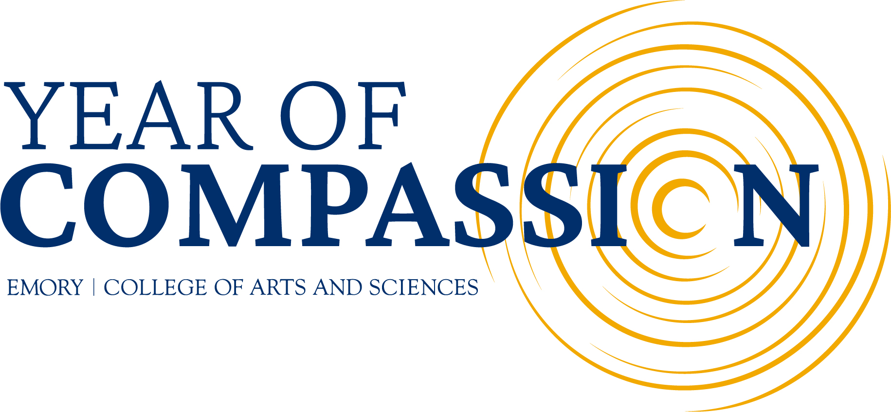 Year of Compassion logo with navy blue text and a gold circular design