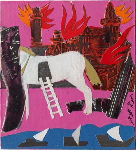 Romare Bearden (American, 1911-1988), Untitled (The Trojan Horse), ca. 1977. Collage of various papers and mixed media mounted on masonite. Museum purchase in partnership with Stuart A. Rose Manuscript, Archives, and Rare Book Library, Robert W. Woodruff Library, William Bowen Astrop Family, Nancy and Randall Burkett, Maria Doiranlis and Jasper Gaunt. 2014.34.1 Ex coll. Richard A. Long, Atlanta, Georgia. Thence by descent. Purchased by MCCM from New York art market.