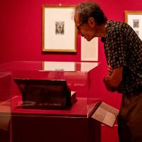 Man looks at a book in exhibition