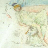 James McNeill Whistler lithograph showing a model reclining on a piece of furniture with a fan in her hand, the print is colored with prints, yellows and blues