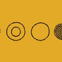 Mustard background with five sketched out circles and spirals
