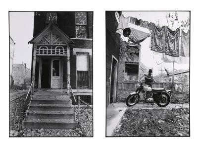 Two vertical black and white images by Tom Dorsey. The photo on the left is of a set of steps leading to the front door of a two-story building brick home. The photo on the right is a self-portrait of the artist Tom Dorsey standing behind a motorcycle. A clothesline hangs above Dorsey with linens, sheets, towels and washcloths hanging out to dry.