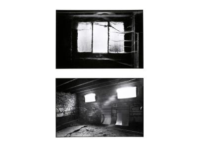 Two horizonal black and white photographs by Tom Dorsey. The top photograph is a close up of a basement window with three vertical panes of glass and thick cobwebs filling the top left and bottom right corners of the window. The bottom photograph is a zoomed out (panned out?) view of the brick and stone basement with two basement windows glowing from the sunlight. There is a bike in the middle ground resting against the basement wall and a large square mirror broken in half reflecting the opposite walls.
