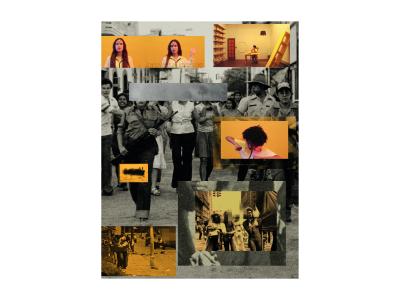 Collage of of screen grab images from the video. Black and White archival footage collaged with yellow room installation images.