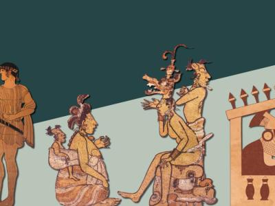 Three pairings of two figures from Greek, Maya, and Moche vessels are shown on a green background that is two-toned with a diagonal line between the two colors