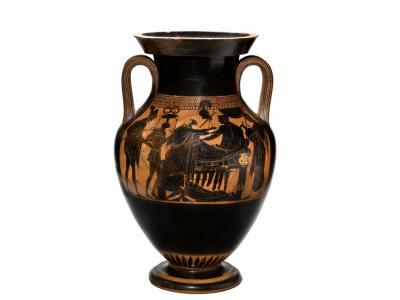 Storage Jar with the Ransom of Hektor, Greek, 520–510 BCE, attributed to the Rycroft Painter. Wheel-thrown, slip-decorated earthenware. Toledo Museum of Art, Ohio. Purchased with funds from the Libbey Endowment. Gift of Edward Drummond Libbey, 1972.54 Photo: Richard Goodbody, New York