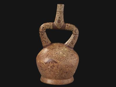 Stirrup-Spout Vessel with the Burial Theme, Moche, 650–800 CE. Terracotta. Fowler Museum at UCLA, Los Angeles. Gift of Mr. and Mrs. Herbert L. Lucas Jr. Photo: Donald Cordy