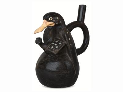Vessel in the Form of a Warrior Duck, Moche, 500–650 CE. Terracotta, with mother of pearl inlay. Museo Arqueológico “Santiago Uceda Castillo.” Ministry of Culture of Peru