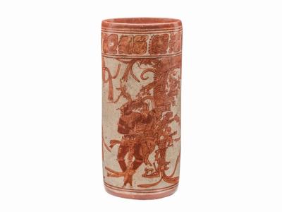 Drinking Vessel with Maize God Dancers and a Companion, Maya, 650–750 CE. Slip-painted ceramic. Los Angeles County Museum of Art. Purchased with funds provided by Camilla Chandler Frost. Digital Image: © 2024 Museum Associates / LACMA
