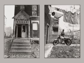 Tom Dorsey's childhood home in West Side Chicago paired with the artist and his motorcycle from the portfolio, A Very Incomplete Self Portrait, ©Tom Dorsey.