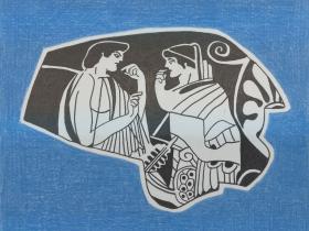 Drawing by Timothy Hull, detail of a Greek vase fragment showing two individuals on a blue background