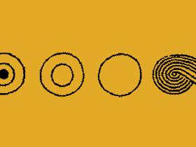 Mustard background with five sketched out circles and spirals