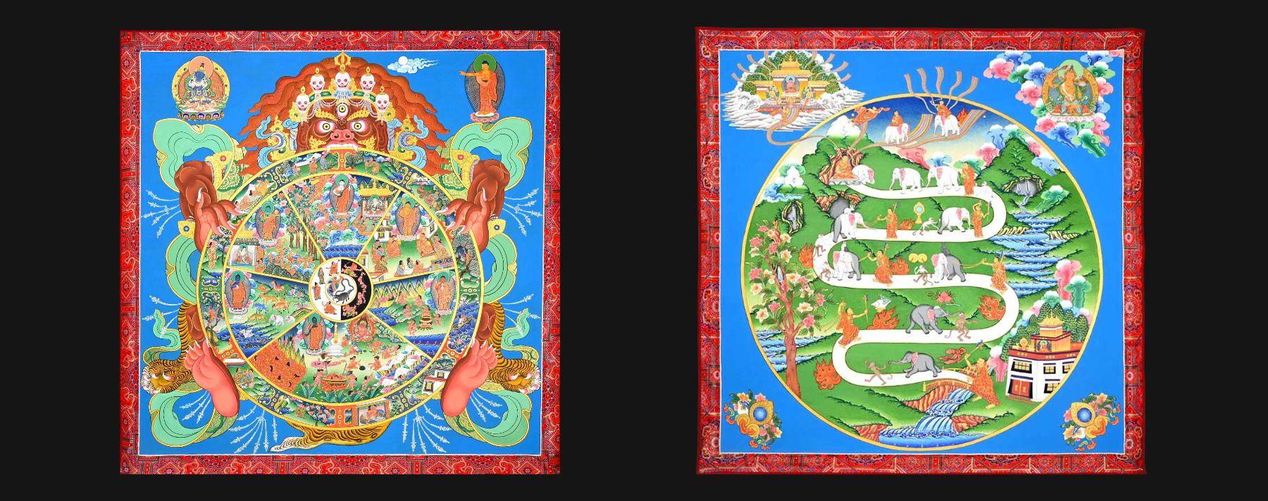 Image of two commission Thangka paintings: bhavacakra or “wheel of becoming,” and śamatha or “calm-abiding,"  on a black background 