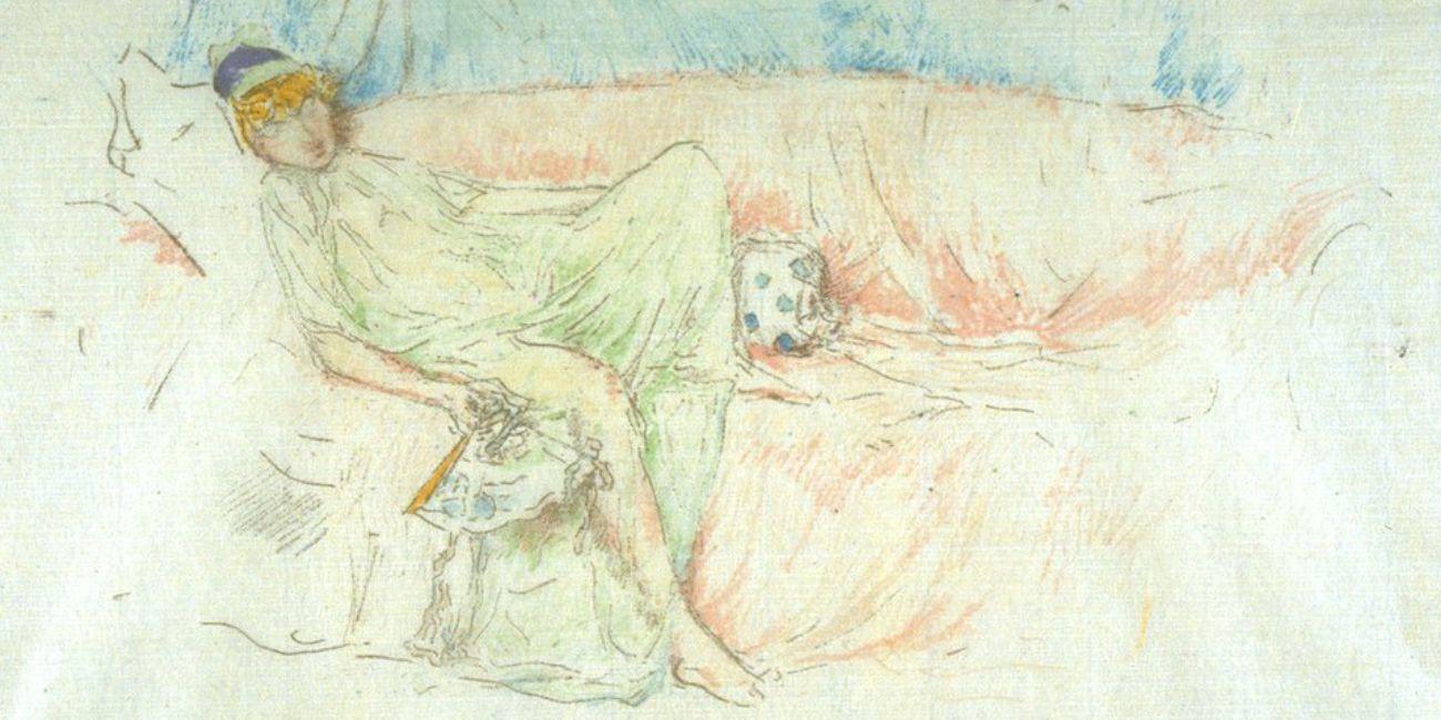 James McNeill Whistler lithograph showing a model reclining on a piece of furniture with a fan in her hand, the print is colored with prints, yellows and blues