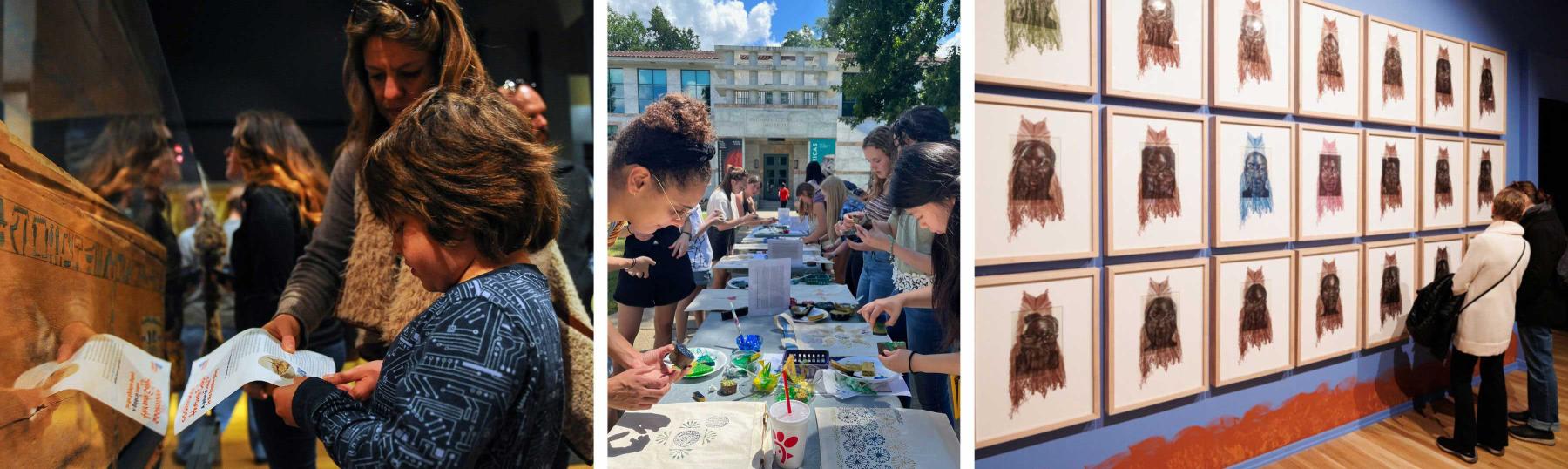Three images, the first with a child holding an activity in the gallery, the second with students on the quad doing an arts program, and the third with visitors looking at a work on view in "Call and Response"